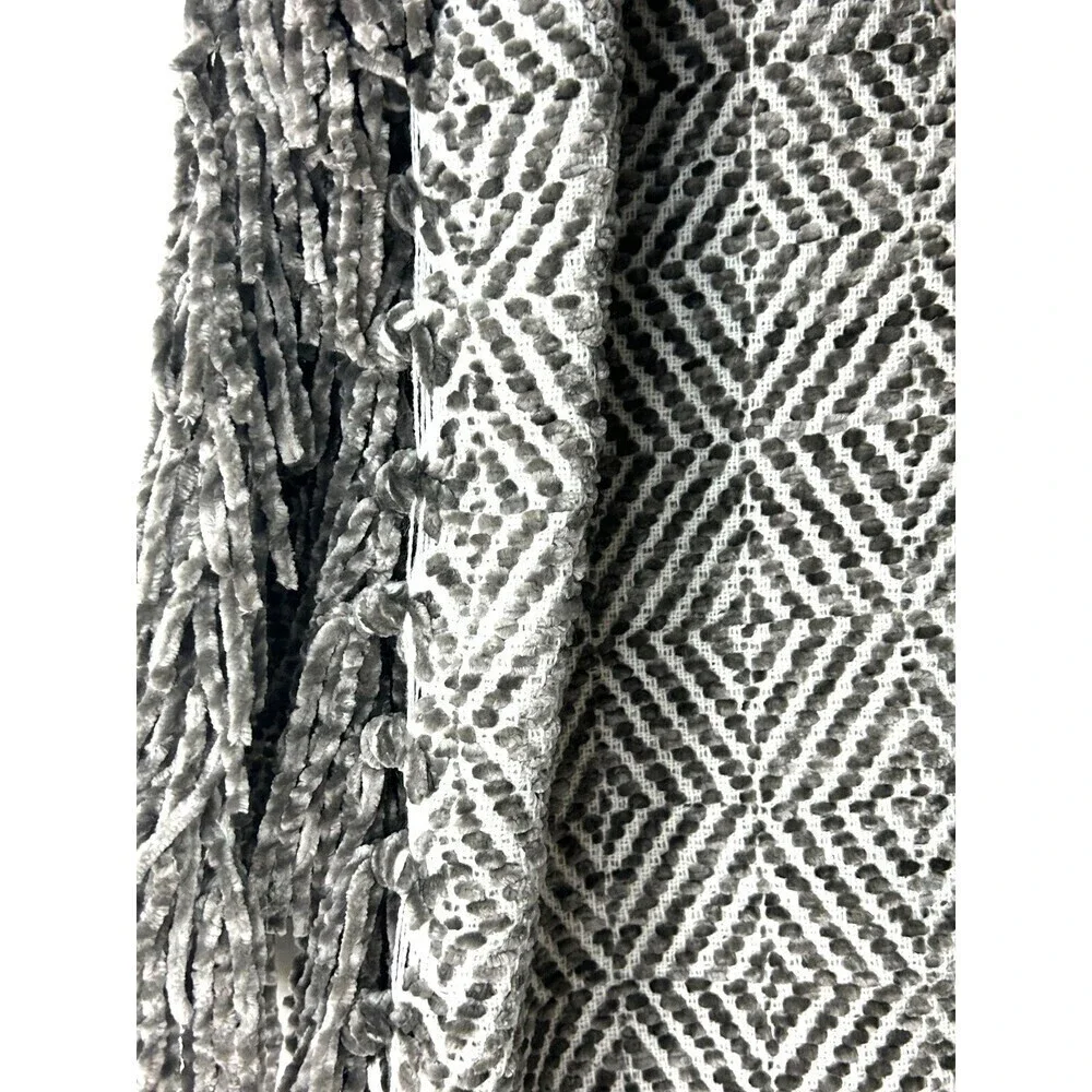 Kirklands Charcoal Gray Chenille Throw Blanket Diamond Fringe Reversible 50x60